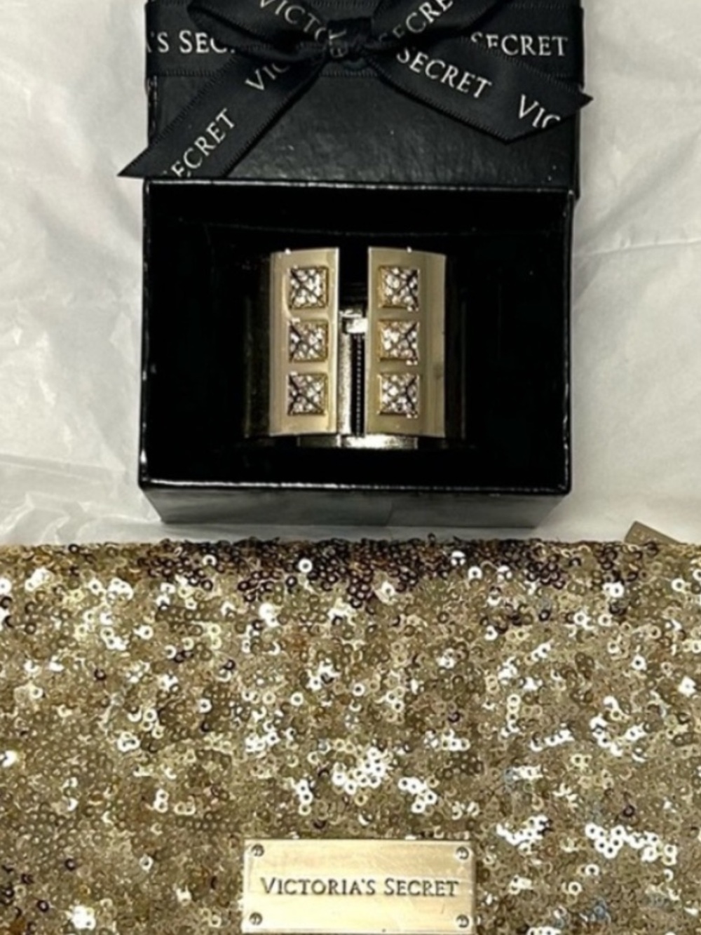 Victoria's Secret Gold-Tone Hinged Cuff Bracelet and Sequin Clutch